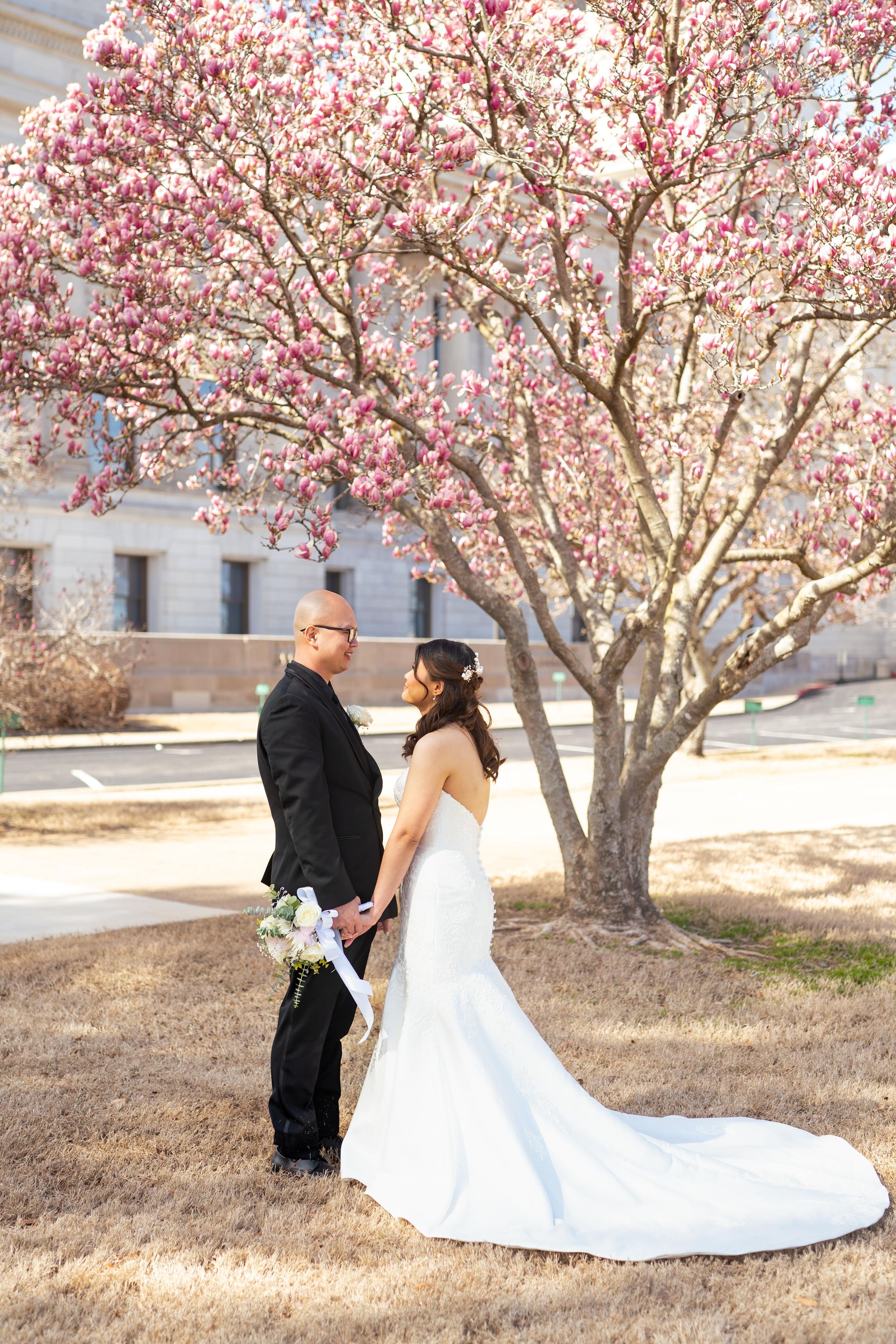 Wedding couple posing under blooming cherry blossom trees.
