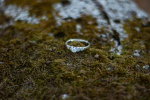 Close-up of a delicate diamond engagement ring resting on green moss.