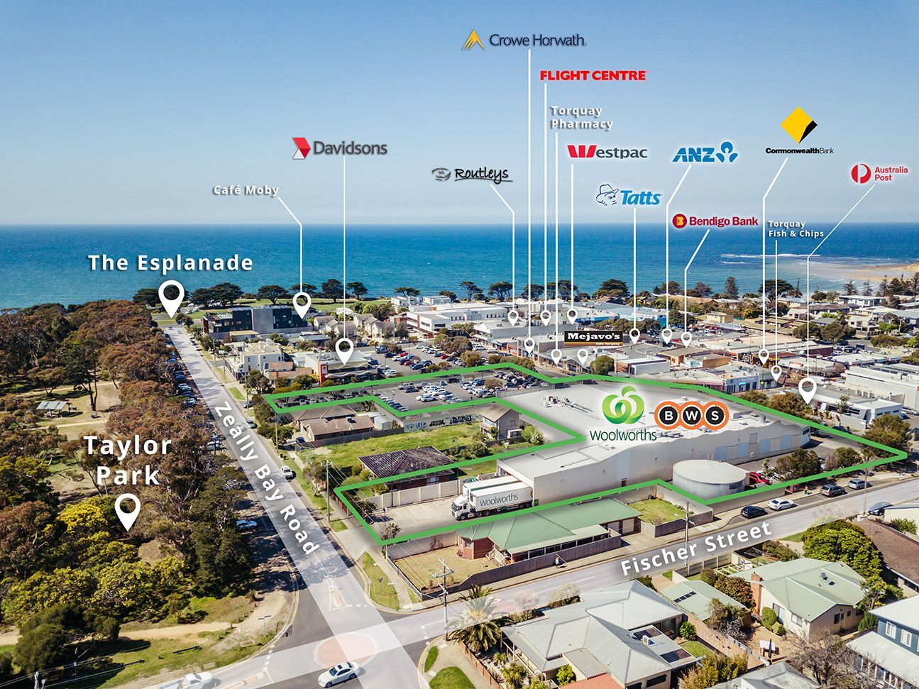 Annotated aerial map showing business locations and landmarks in a coastal community.