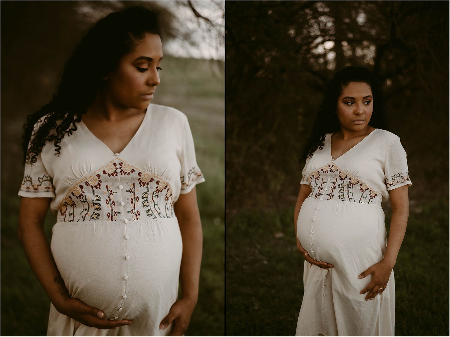 Side-by-side maternity portraits showcasing an embroidered white dress in dusky outdoor lighting.