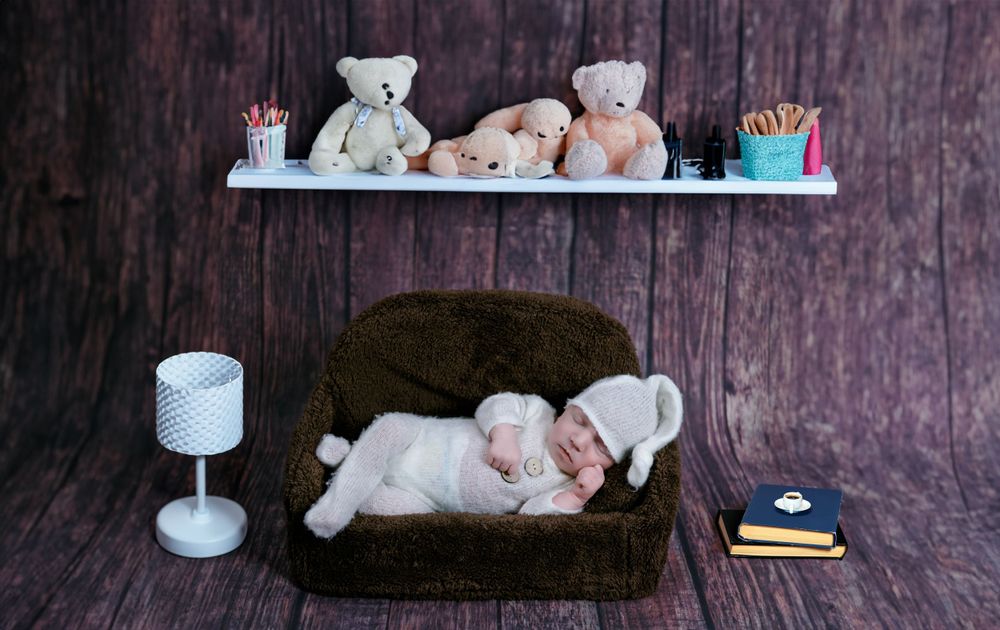 Rustic wooden backdrop with stuffed animals and baby accessories arranged for newborn photography.
