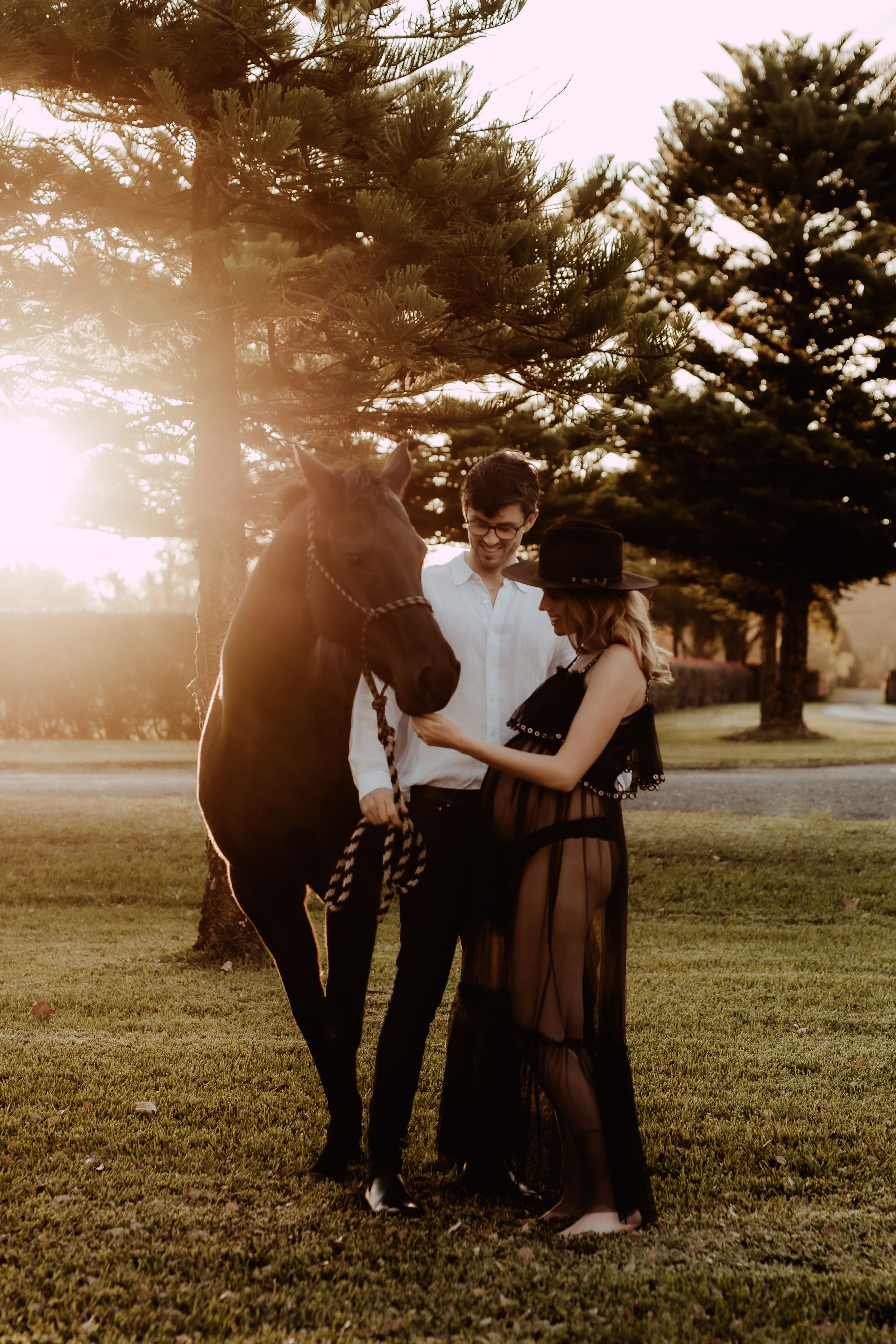 Couple poses with their horse in a sunset-lit field with pine trees in background.
