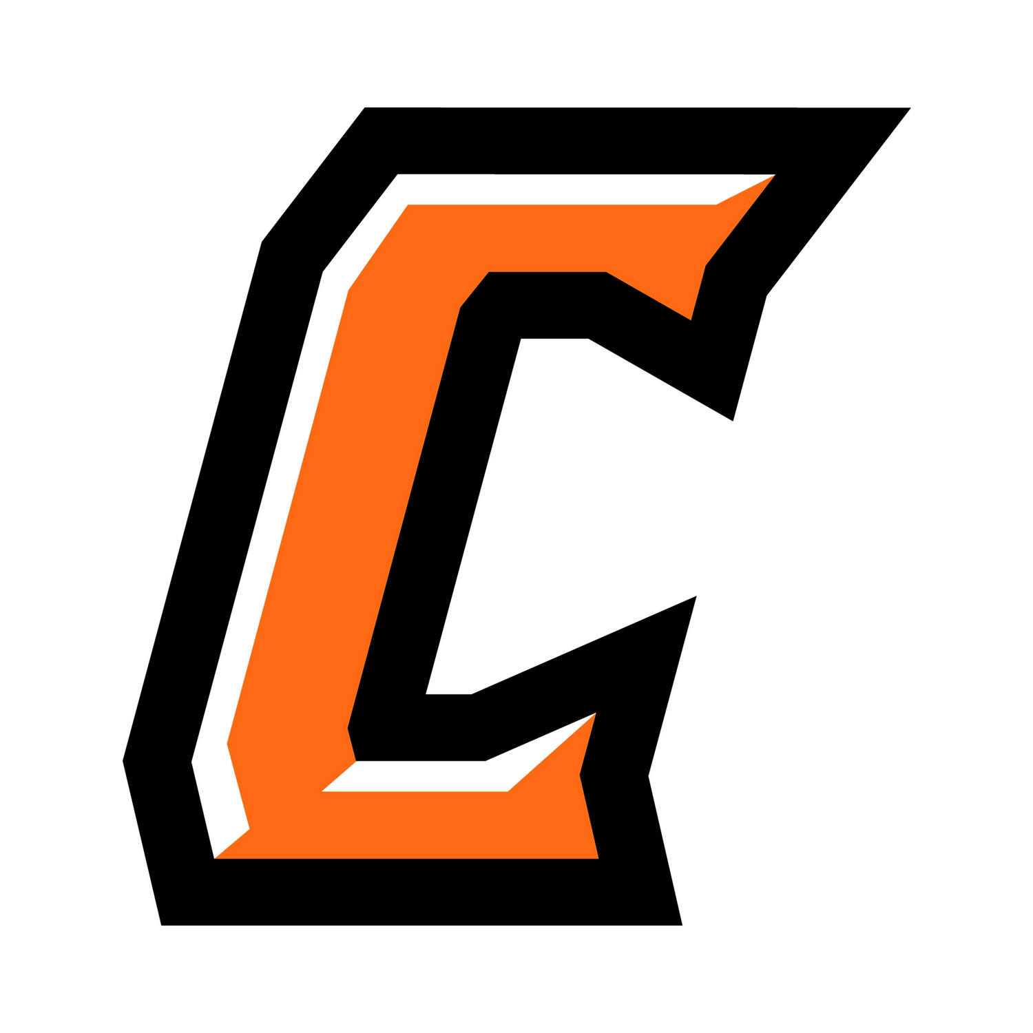 Orange and black stylized letter C logo with bold outline on dark background.