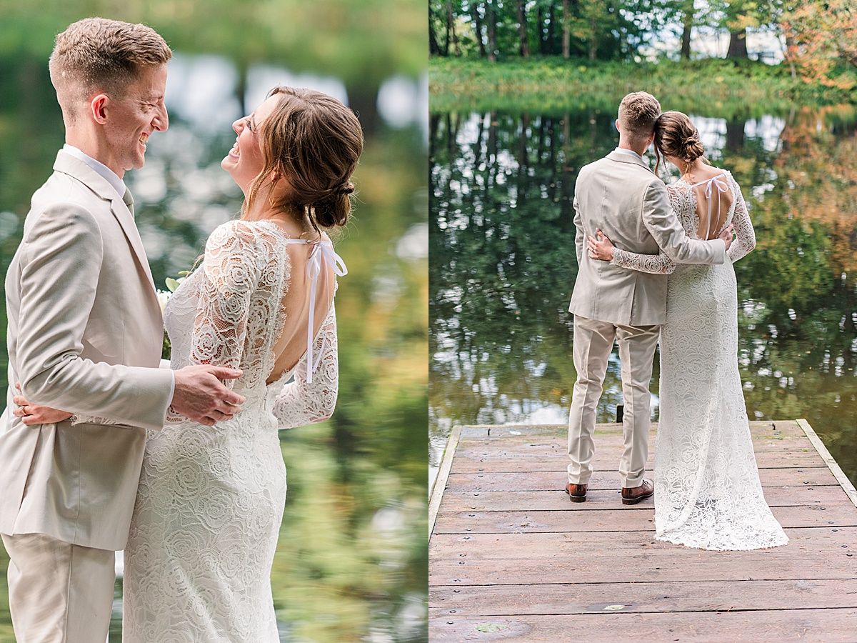 Bride and groom enjoy time together on dock at Bridal Veil Lakes Oregon in Fall