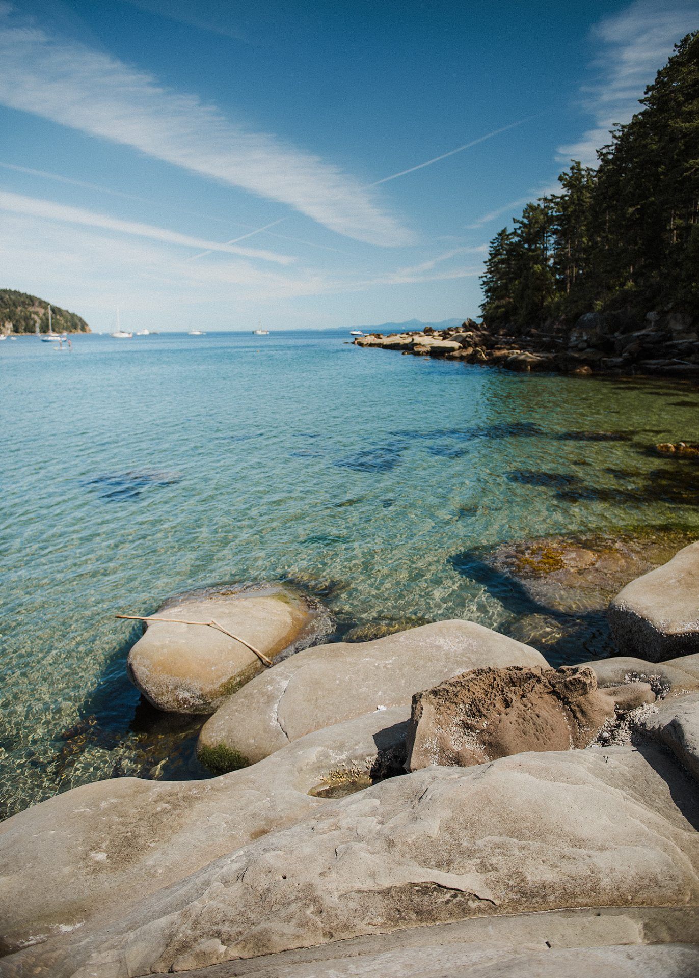 Crystal clear turquoise waters meet rocky shore with evergreen trees and small boats in distance.