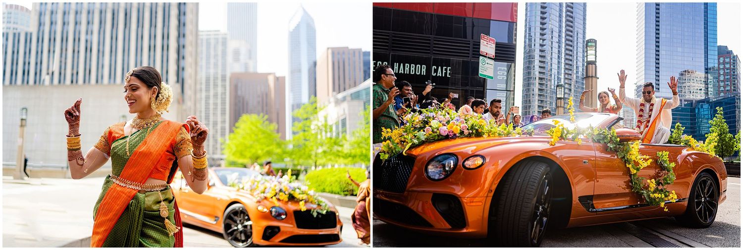 Orange luxury car adorned with floral decorations parked in front of city buildings.