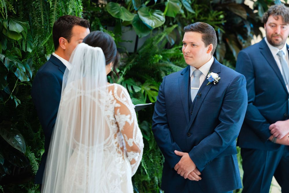 Bride and groom looking at each other during wedding at Jorgensen Farms in Westerville, Ohio.