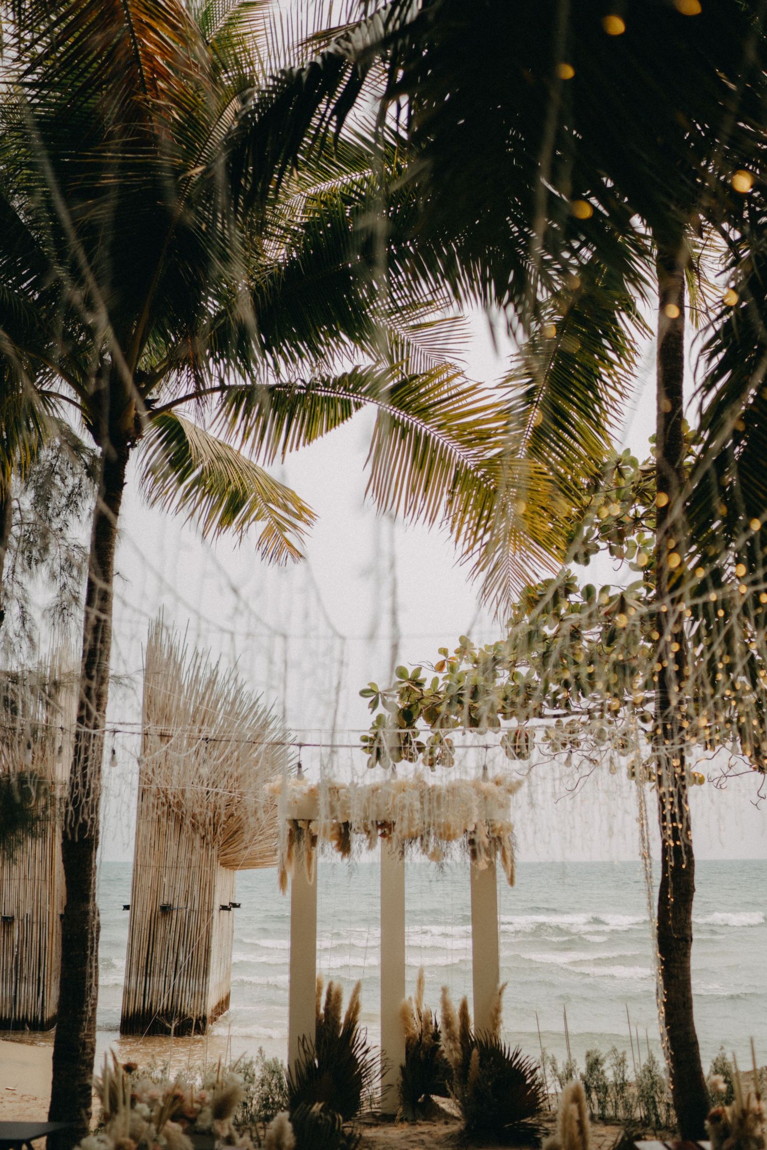 Boho beach wedding ceremony setup with pampas grass and palm trees by the ocean.
