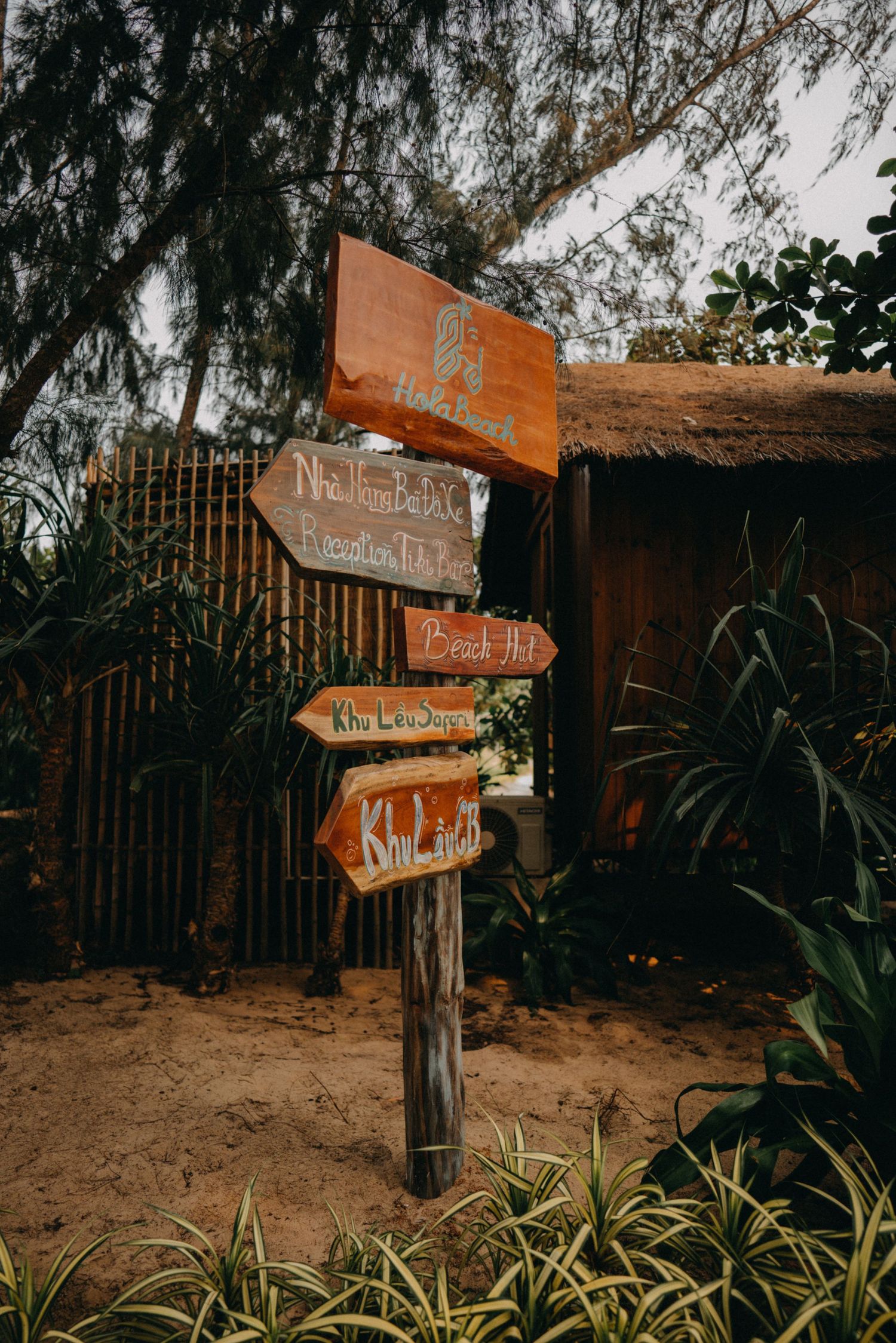 Wooden directional signpost surrounded by tropical plants at a beach resort.