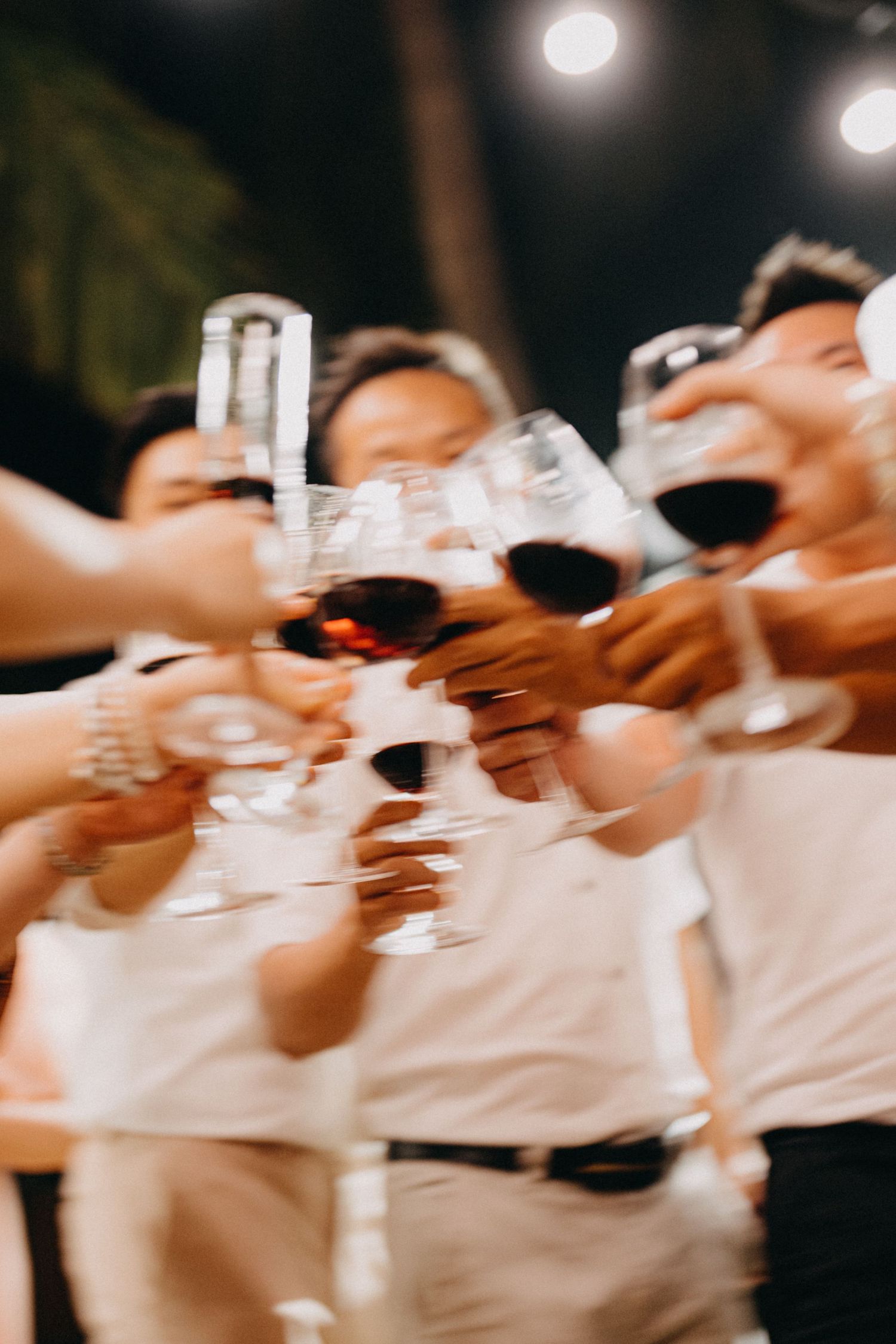 Group of wedding guests clinking red wine and champagne glasses in a festive toast.