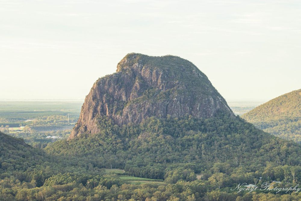 Large dome-shaped mountain peak rising above forested landscape in Queensland.