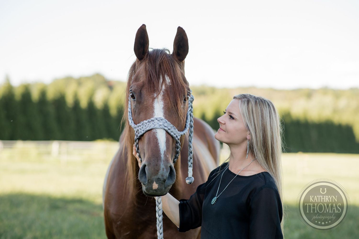 Bay horse wearing bridle stands with someone in black top at sunset.