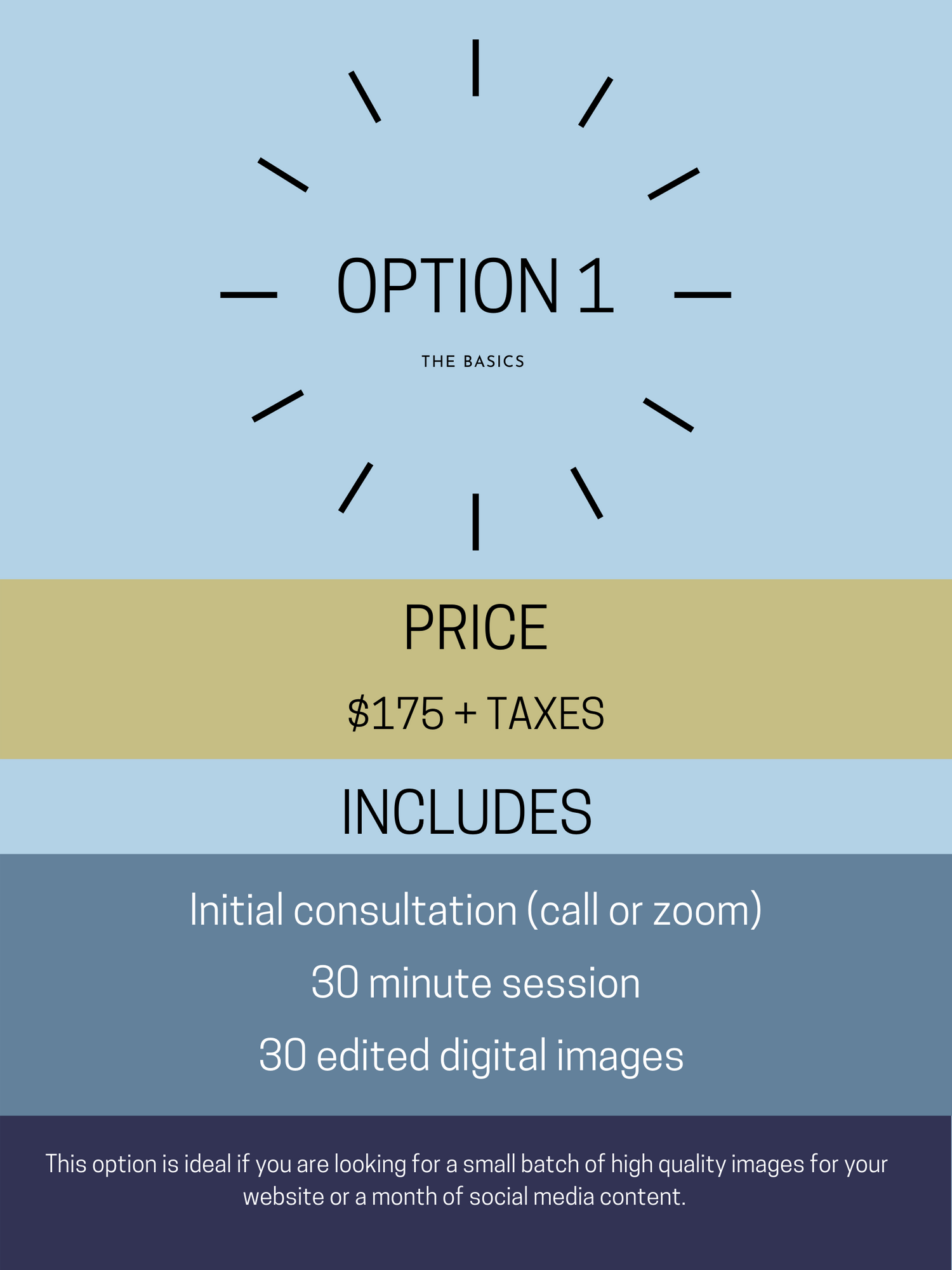 Photography pricing package showing details for basic tier at $175 including consultation and 30-minute session.