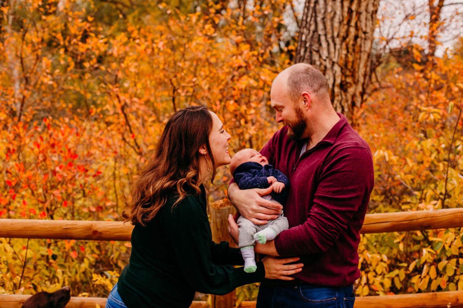 Family portrait in autumn with fall foliage creating a warm orange backdrop.