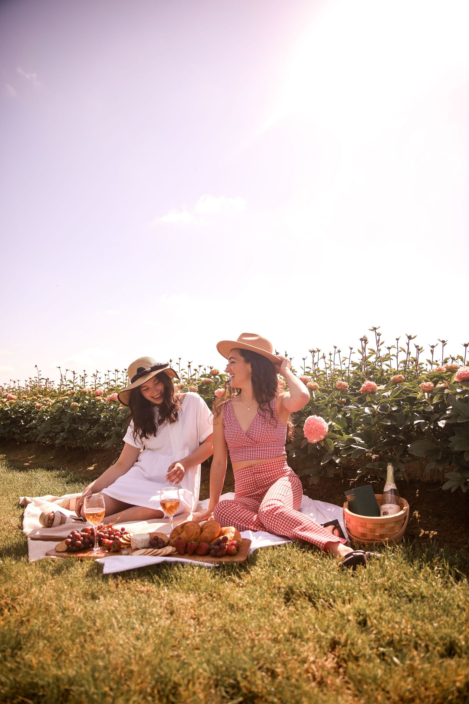 Two friends enjoy a luxurious picnic spread near a rose garden on a sunny day.