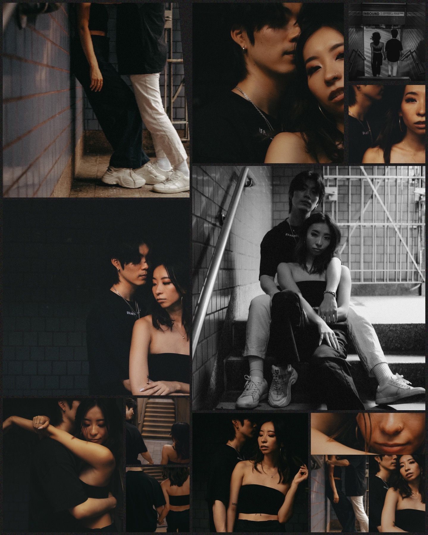 Collage of romantic couple photos in various subway and urban settings.