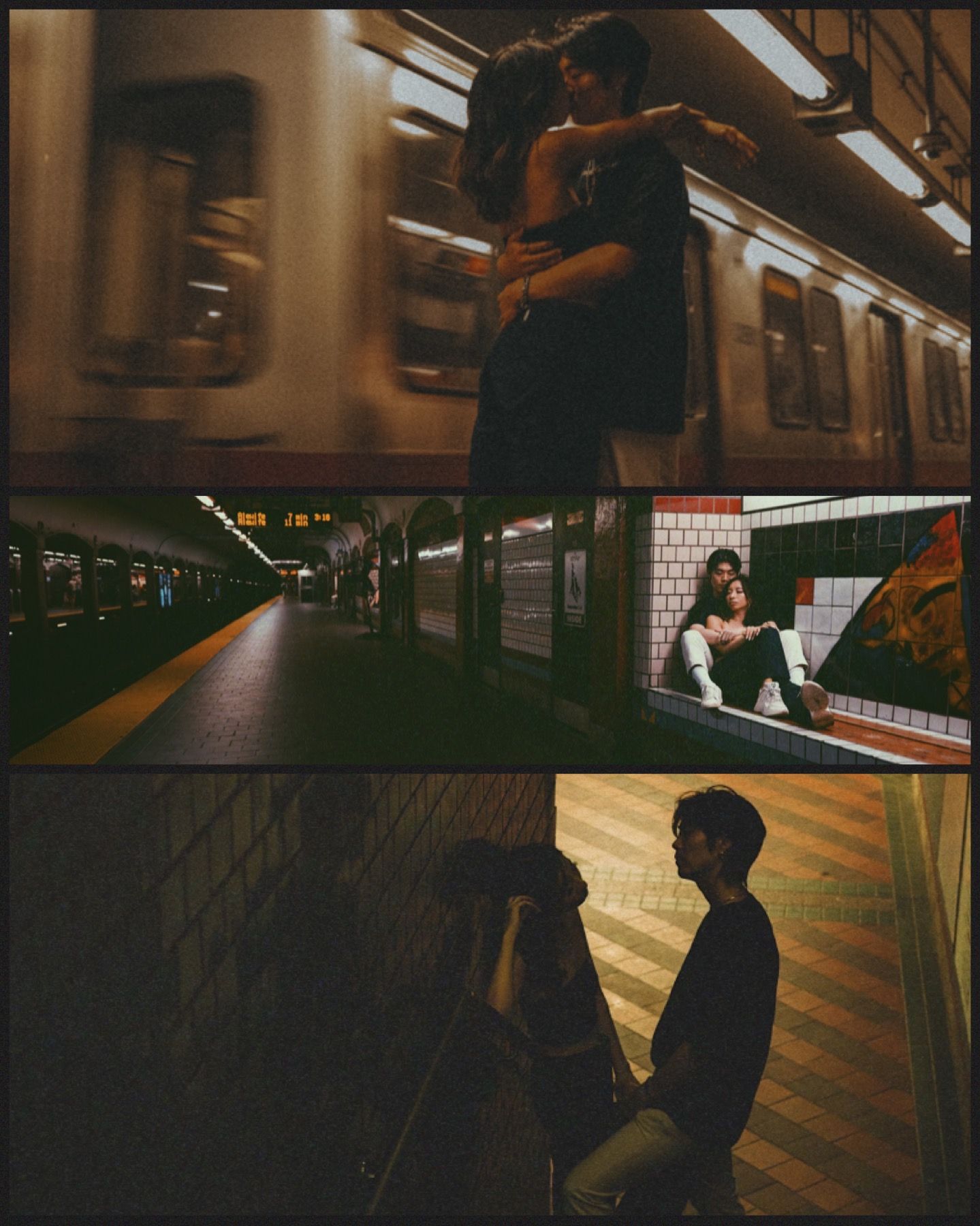 Three-panel photo set showing couple's intimate moments in subway station.