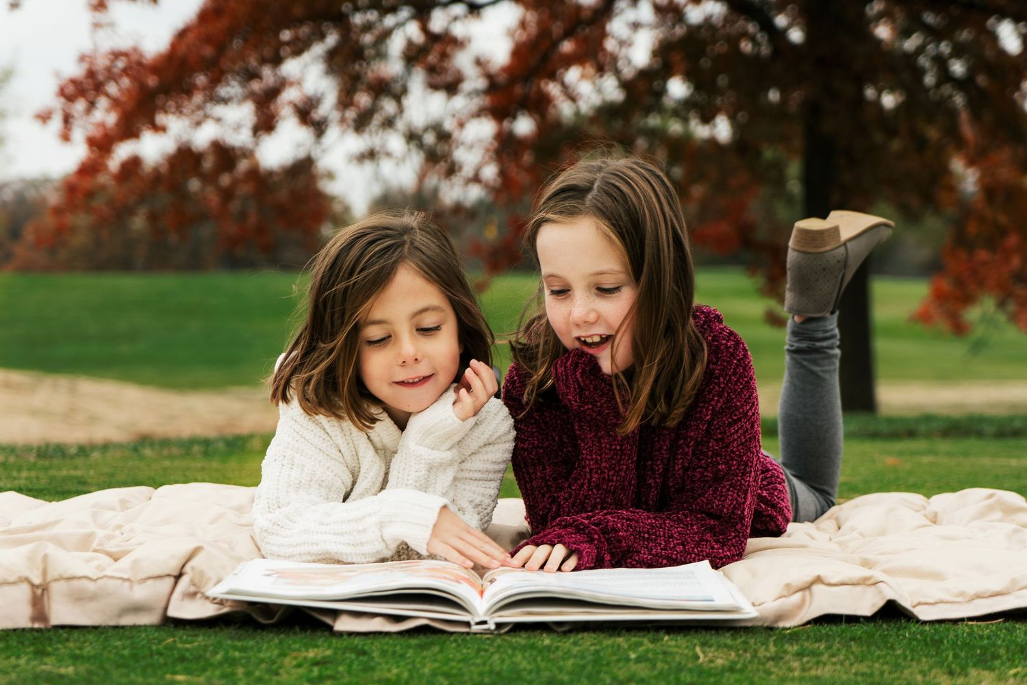 Family portrait of two girls lying in a park reading together, shot by Milwaukee family photographer Rachel Dickman.