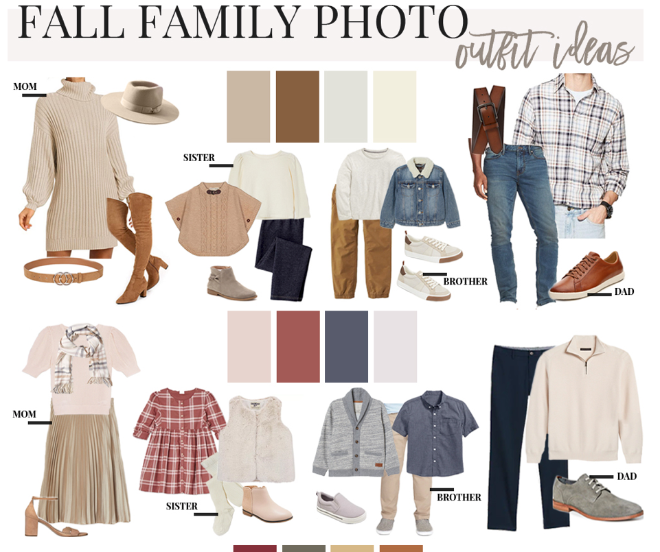 A fall family photo outfit guide showing coordinating neutral clothing options and color palettes.