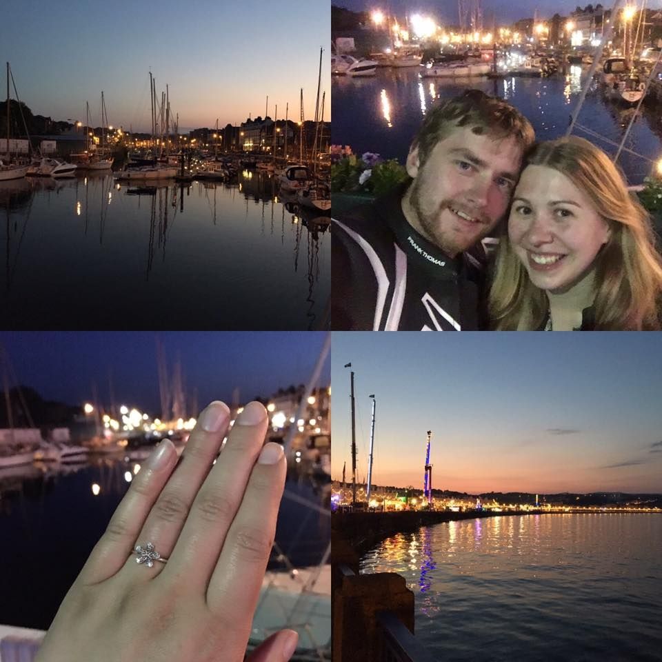 A collage of marina photos at sunset featuring boats, docks and an engagement ring.