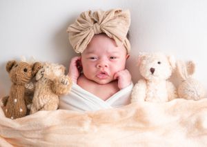 A newborn photography setup featuring soft teddy bears and blankets in neutral tones.