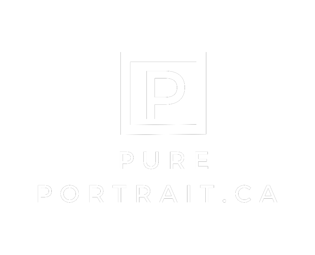 White minimalist logo design for Pure Portrait with P in square frame on black background.