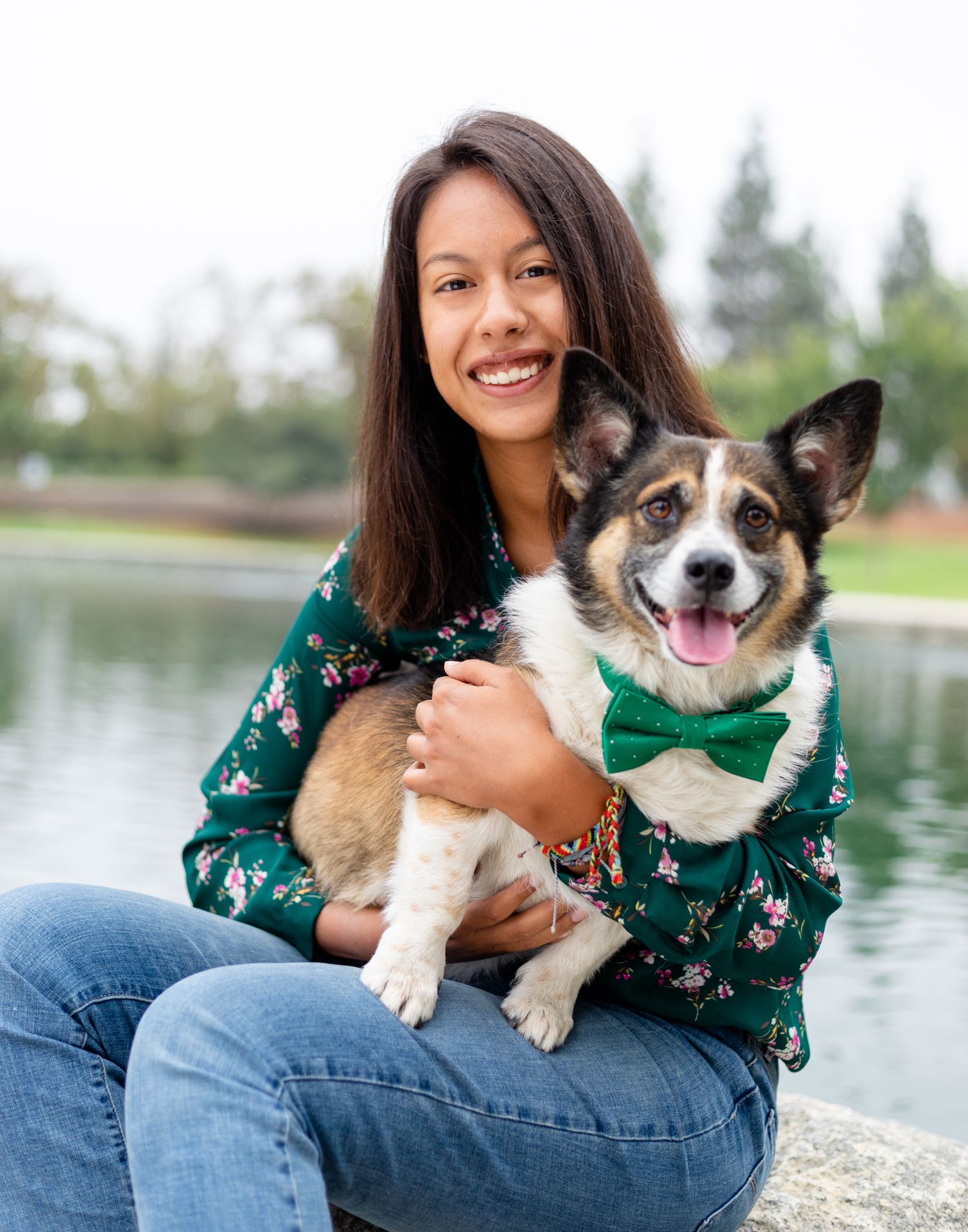 Girl with Corgi bow tie senior picture