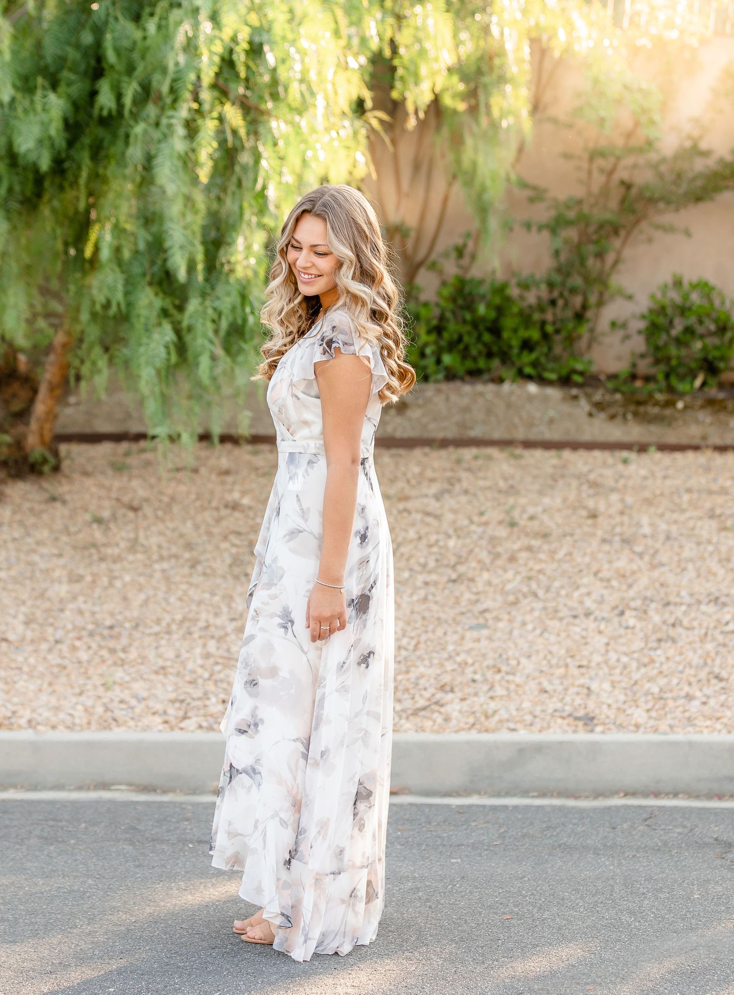 outdoor senior girl white floral long dress