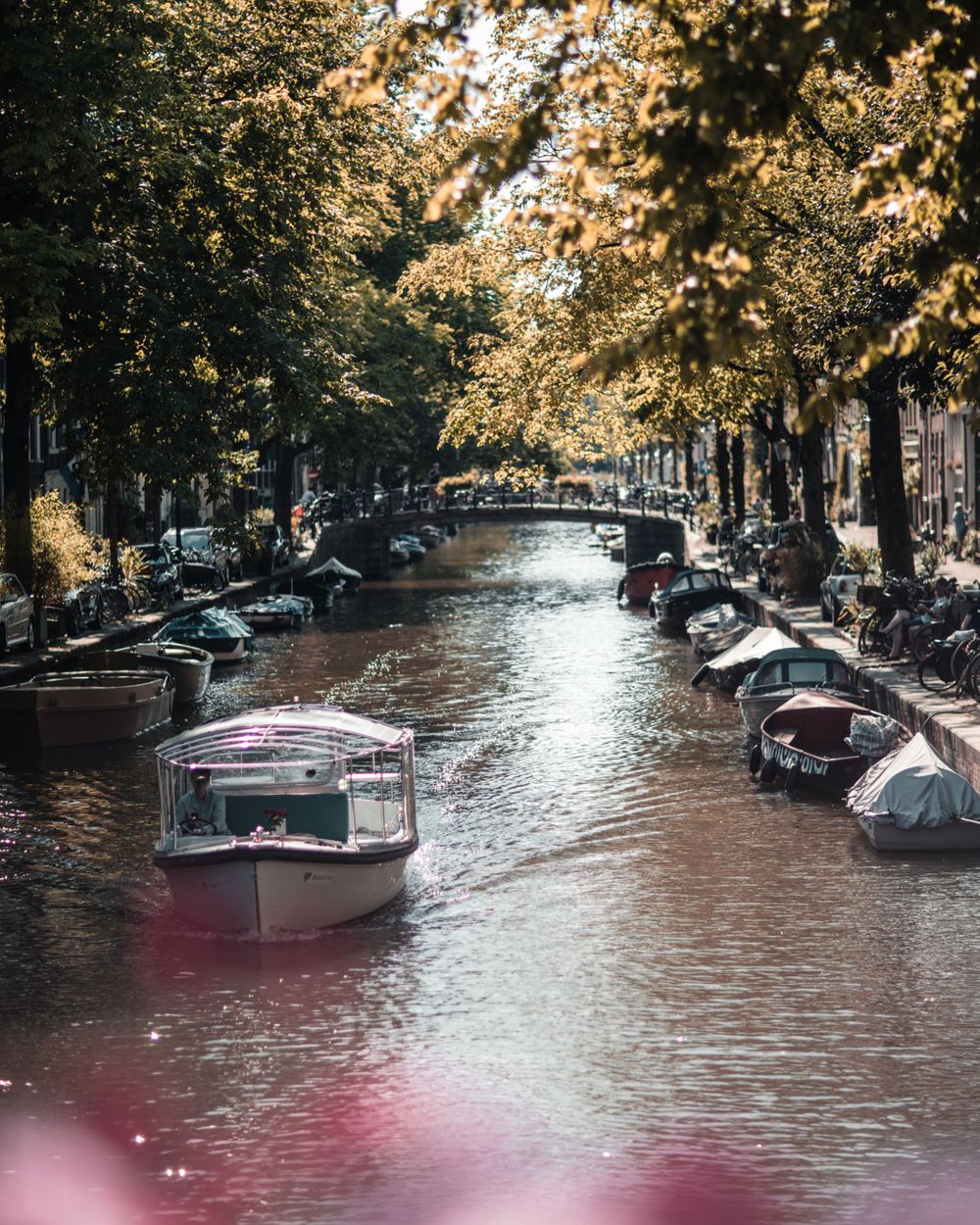 Canal in Amsterdam lined with autumn trees and moored boats reflecting in the water.