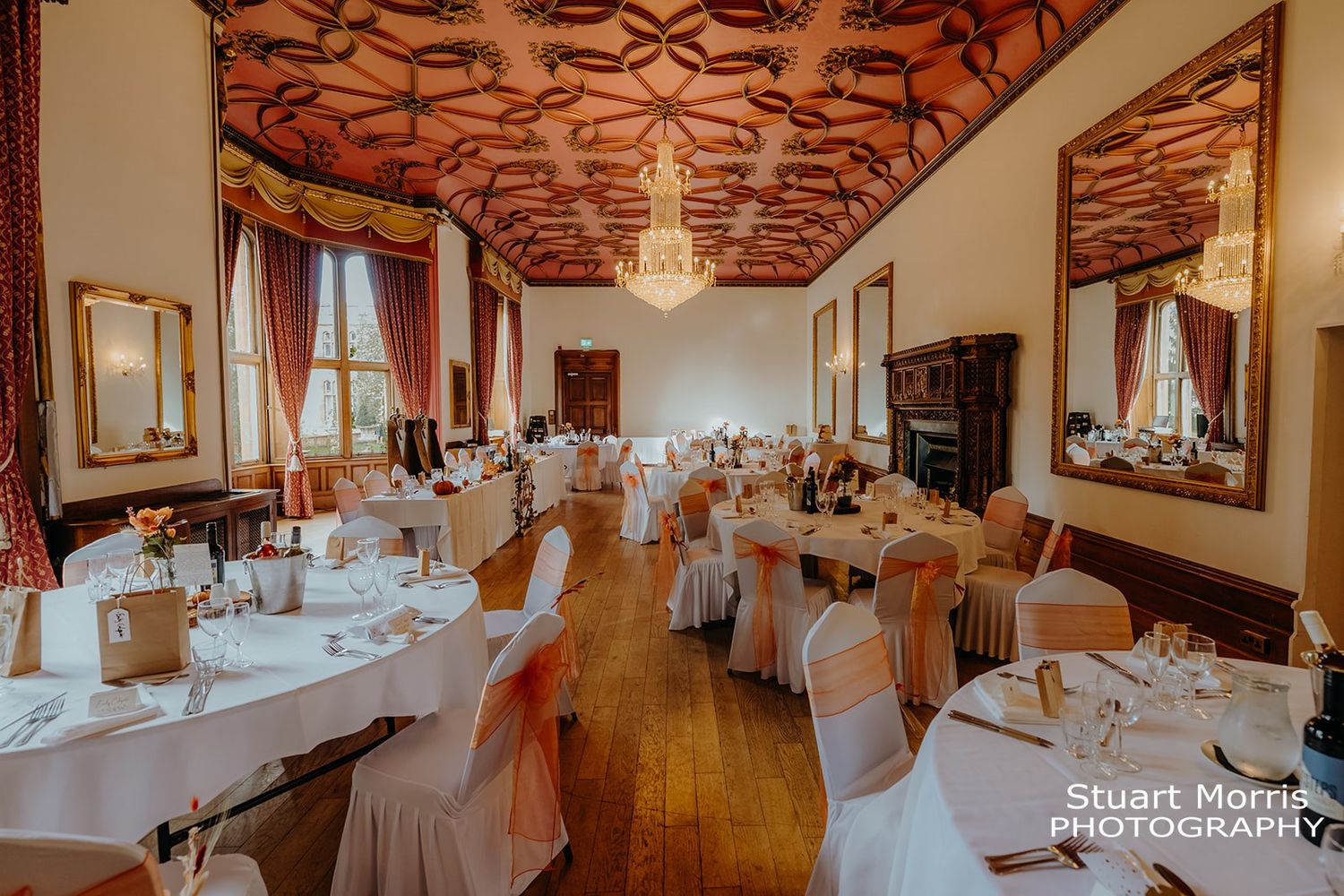 reception and banqueting room at ruthin castle ready for the wedding guests. Stuart Morris Photography.