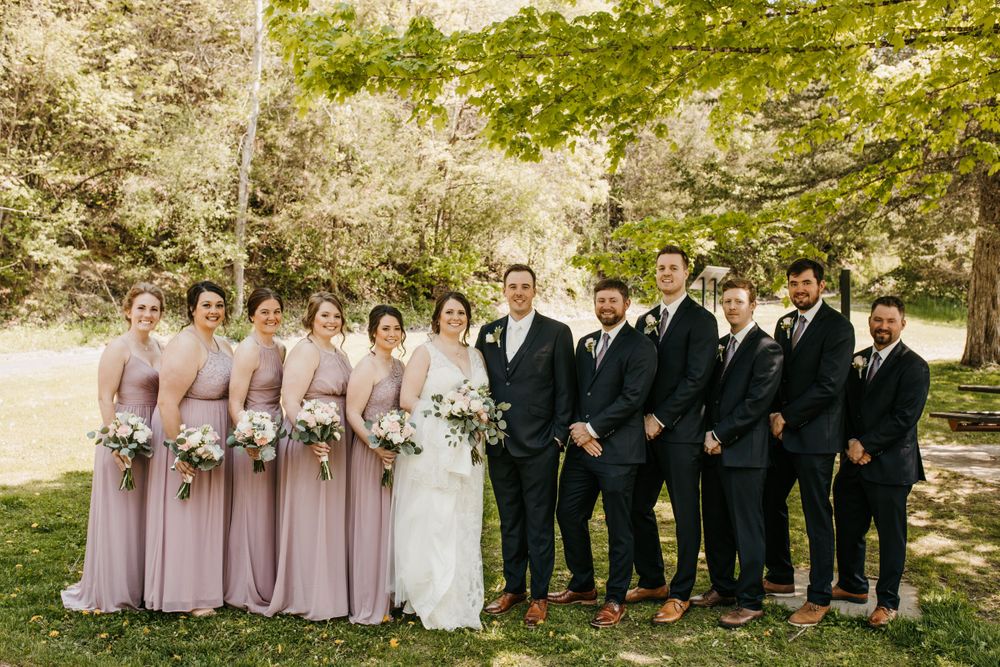 Full wedding party with bridesmaids in mauve gowns and groomsmen in navy suits outdoors.