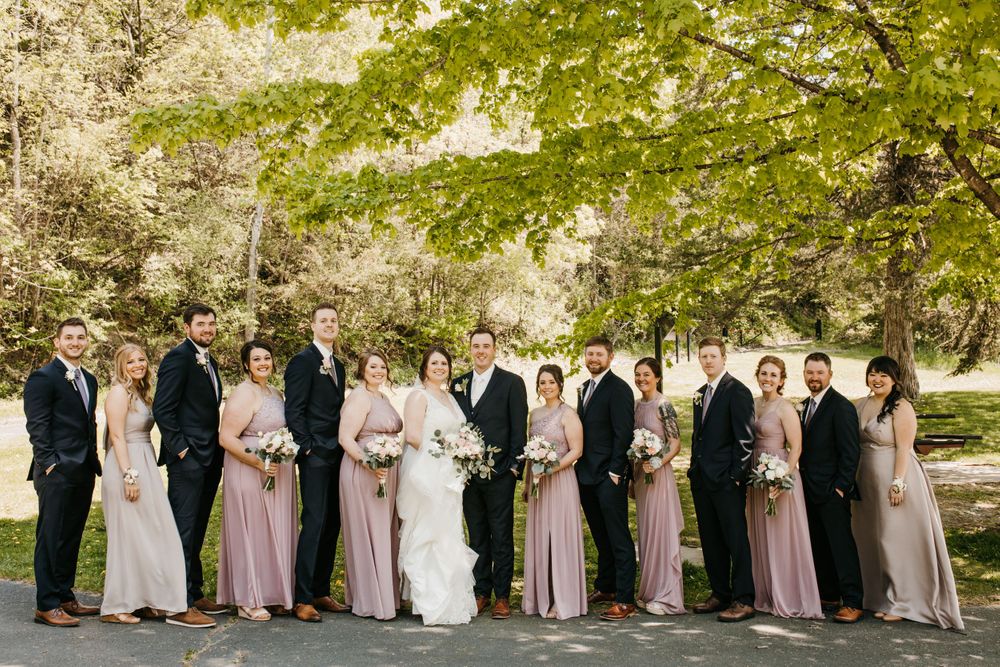 Large wedding party poses formally on a path under green trees, bridesmaids in mauve gowns and groomsmen in navy suits.