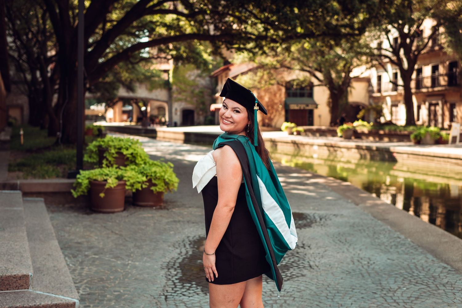 A series of outdoor shots showing people walking along a tree-lined urban pathway.