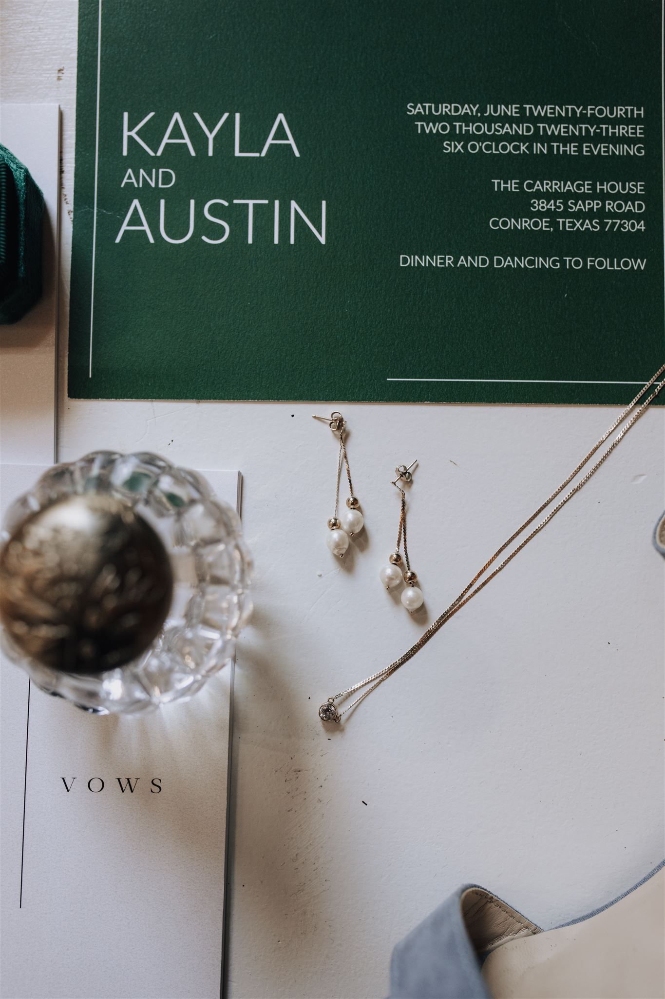wedding details flatlay for wedding at Carriage House, Conroe, Tx