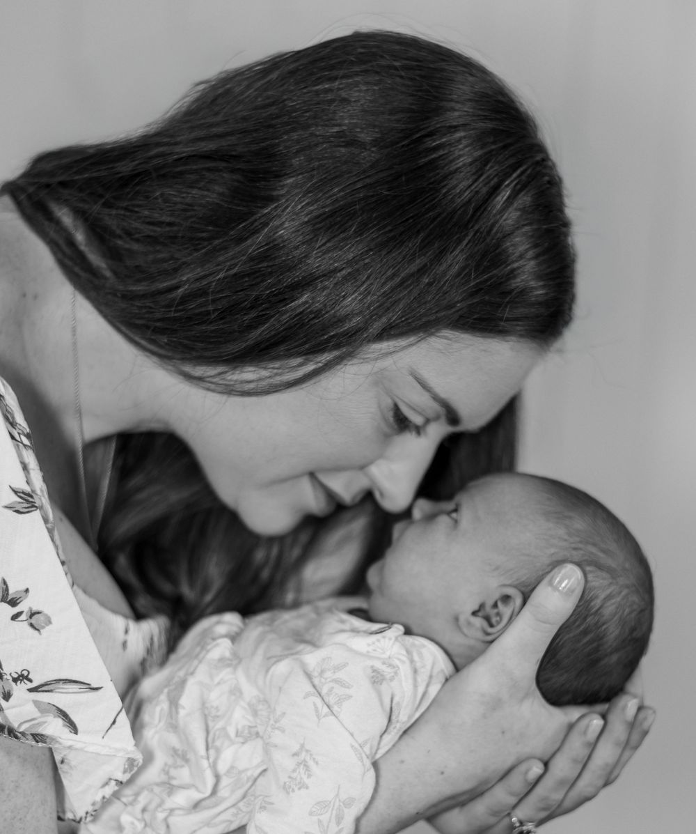 A black and white photo series shows tender moments between a mother and newborn baby in similar poses.