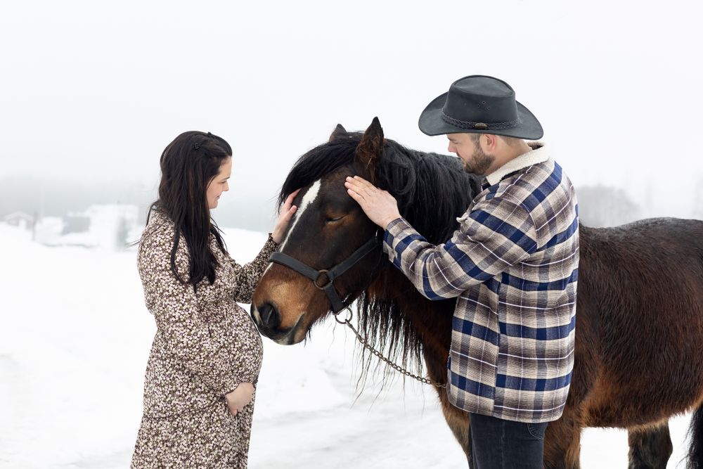 Winter maternity photoshoot with couple and horse in snowy setting.