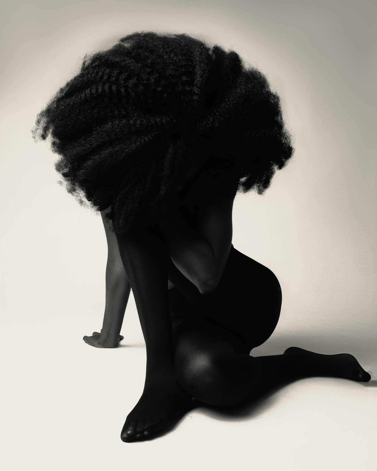 Artistic silhouette photograph highlighting natural hair in dramatic pose against light background.