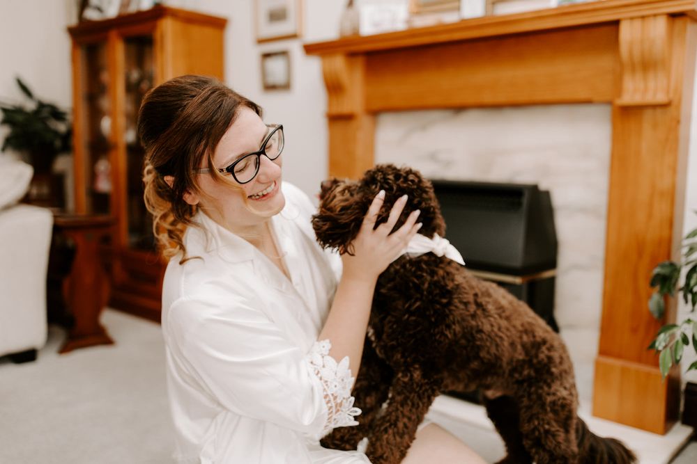 bride prep, in stockton, with pet dog