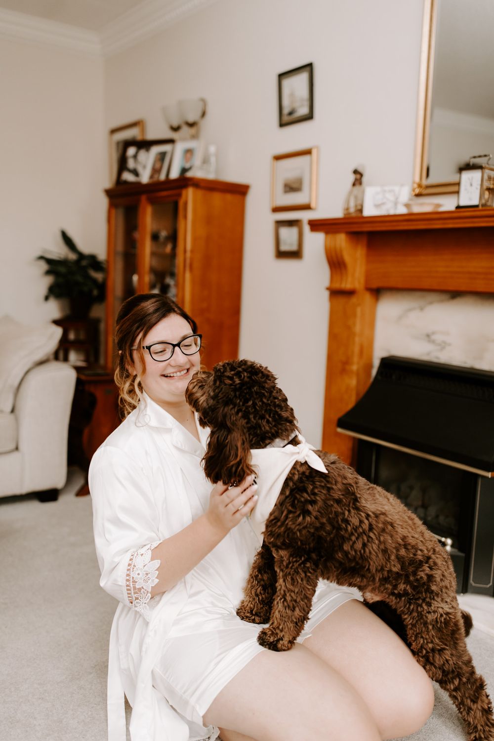 bride prep, in stockton, with pet dog