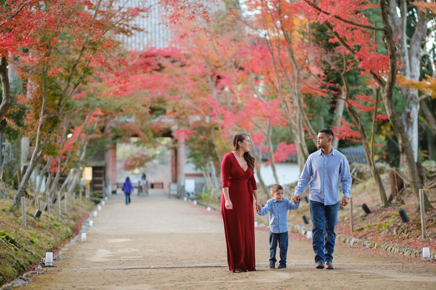 Family of three walking hand in hand along a tree-lined path with vivid red autumn foliage in Japan.