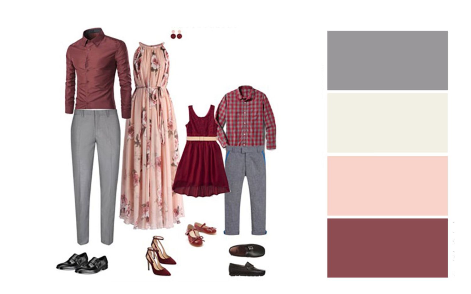 Family photo wardrobe in burgundy, pink and grey featuring coordinated dressy casual pieces.