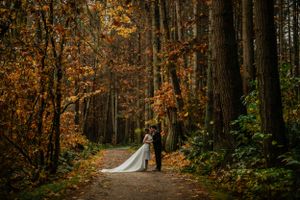 A couple in wedding attire stands on a path through tall trees with golden fall foliage.