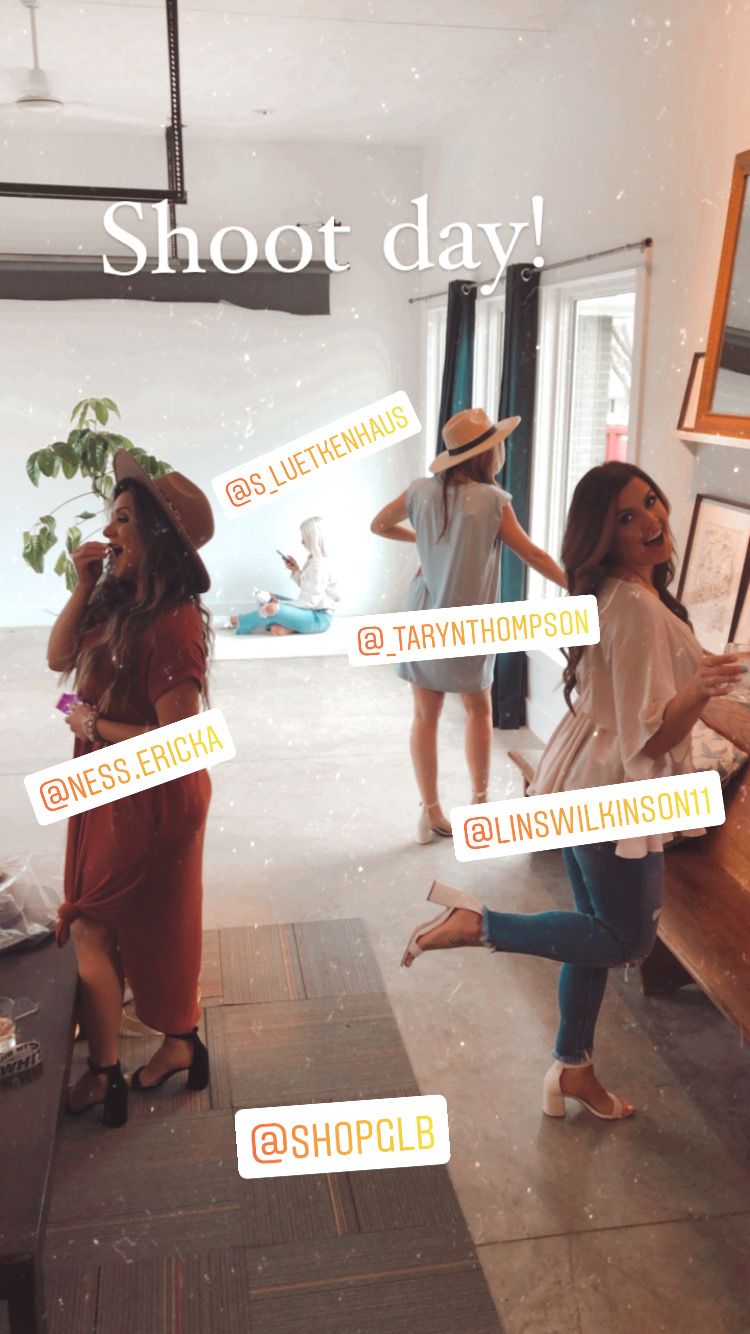 Behind the scenes of a photo shoot with people posing in casual outfits.