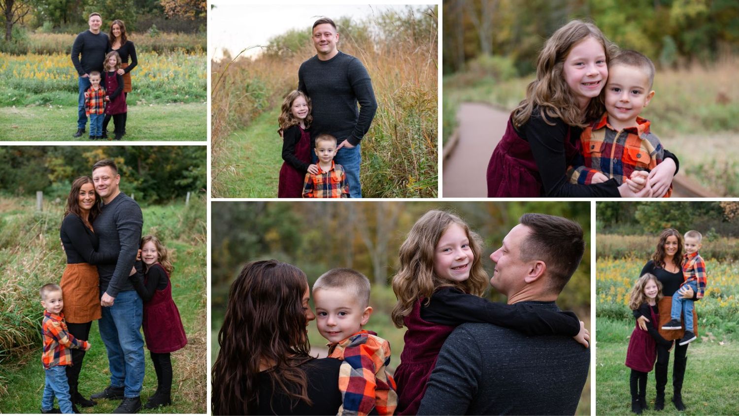 Collage of casual family portraits in a rustic field setting during autumn.