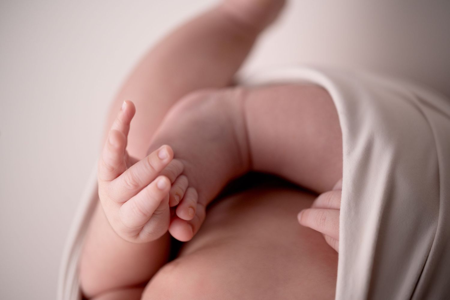 Close-up of newborn's tiny hand and feet wrapped in soft white fabric.