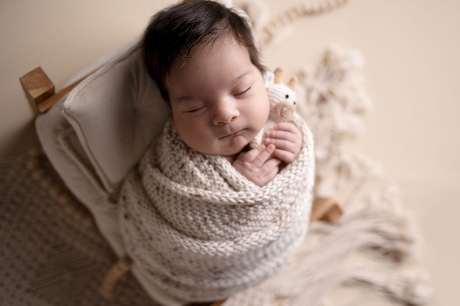 Sleeping newborn wrapped in cream knit blanket with small plush toy.