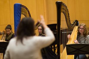 Orchestra rehearsal featuring multiple harp players with conductor in foreground.