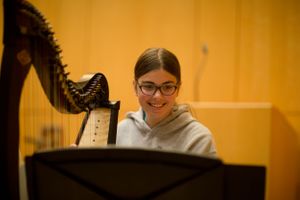 A musician plays a grand harp in a warmly lit concert hall setting.