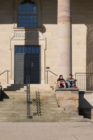 Students relaxing on the stone steps of a classical college building entrance.