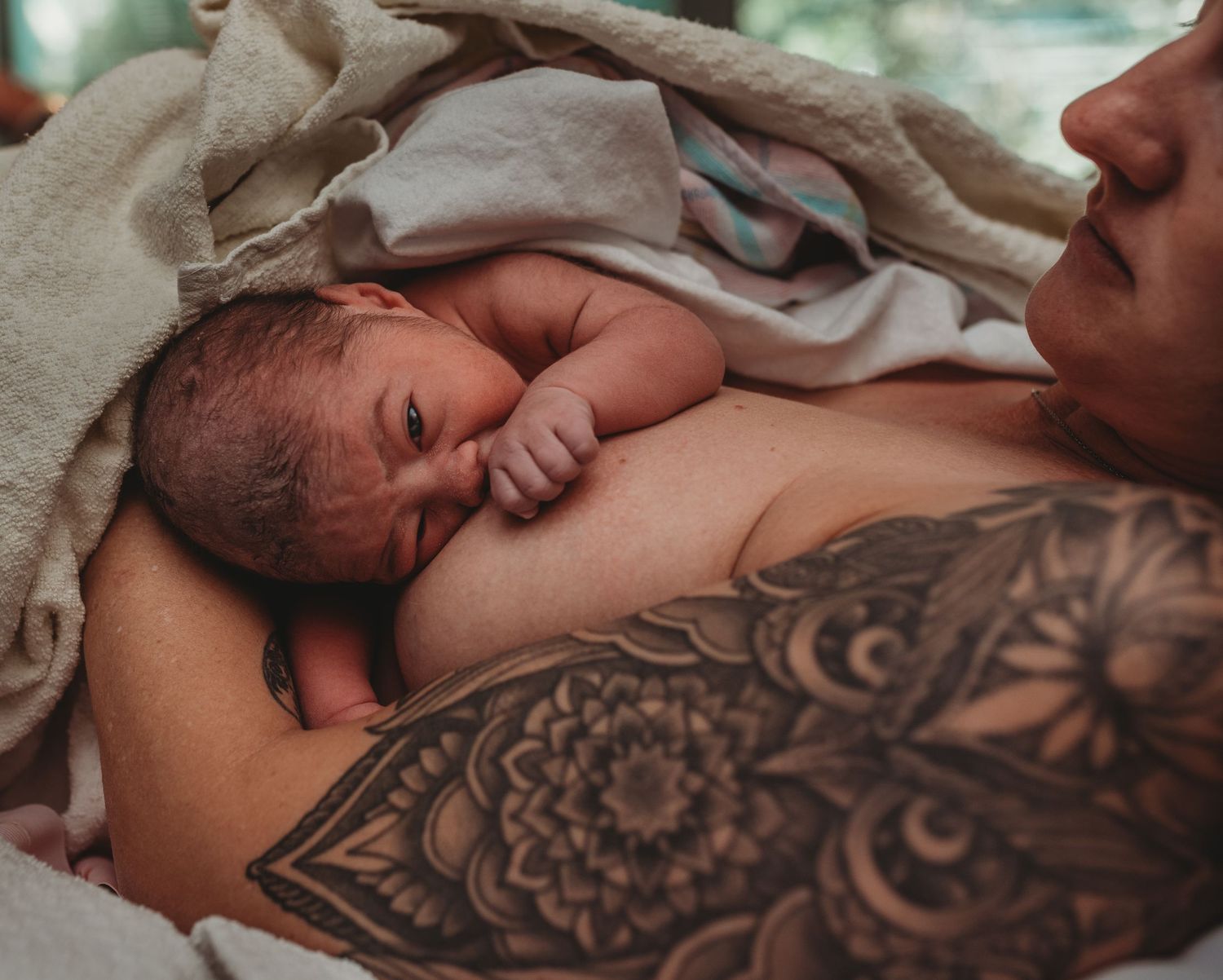 Newborn baby resting on parent with visible tattoo artwork.